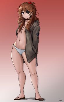 1girl :&lt; barefoot black_choker blue_eyes breasts brown_hair choker curvy evangelion:_3.0+1.0_thrice_upon_a_time expressionless eyepatch game_console gradient_background green_jacket hair_ornament hair_over_one_eye hand_on_own_hip highres jacket long_hair looking_at_viewer medium_breasts navel neon_genesis_evangelion no_bra panties rebuild_of_evangelion shigekix501 shiny_skin souryuu_asuka_langley standing thigh_gap thong tsundere two_side_up underwear