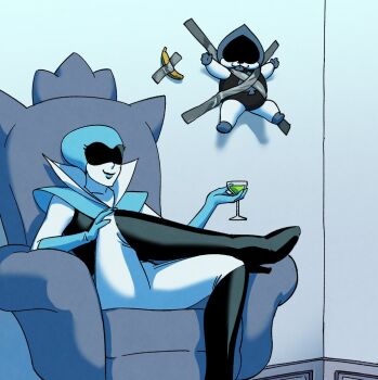 1boy 1girl banana black_boots blue_gloves blue_lips blue_tongue boots chair colored_tongue commentary_request cup deltarune drinking_glass duct_tape figure_four_sitting food fruit gloves gnd_ib high_heel_boots high_heels holding holding_cup kid_taped_to_wall_(meme) knee_boots korean_commentary lancer_(deltarune) leg_up meme mole mole_under_eye on_chair queen_(deltarune) sitting smile tongue tongue_out utdr_(toby_fox) wine_glass