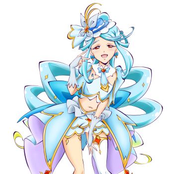 1girl :d blonde_hair blue_bow blue_bridal_gauntlets blue_hair blue_hat blue_shirt blue_skirt bow bridal_gauntlets brooch butterfly_hat_ornament commentary_request crop_top cure_eclair dot_nose earrings gem gradient_hair half-closed_eyes hat hat_ornament heart heart_brooch jewelry kogane_(staygold) layered_skirt long_hair looking_at_viewer magical_girl meitantei_precure! midriff mini_hat mini_top_hat multicolored_hair navel open_mouth precure red_eyes red_gem shirt sidelocks simple_background single_thighhigh skirt smile solo swept_bangs thighhighs top_hat white_background white_thighhighs