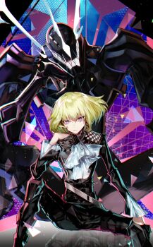 Rule 34 | 1boy, absurdres, ascot, belt, biker clothes, black gloves, black jacket, black pants, closed mouth, frilled sleeves, frills, gloves, green hair, half gloves, hand on own chin, hashtag-only commentary, highres, jacket, jewelry, kkuekkue (chifer1958), lio fotia, looking at viewer, male focus, multiple belts, multiple boys, pants, promare, purple eyes, short hair, sitting, solo, white ascot