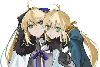 2girls aesc_(fate) aesc_(savior)_(fate) ahoge armor artoria_caster_(fate) artoria_caster_(second_ascension)_(fate) artoria_pendragon_(fate) black_fur black_gloves blonde_hair blue_cape blue_cloak blue_eyes bow breastplate cape capelet cloak commentary english_commentary fate/grand_order fate_(series) fur-trimmed_cloak fur_trim gloves green_eyes hair_bow head_on_another&#039;s_shoulder hood hooded_cape hooded_capelet long_hair looking_at_another looking_at_viewer multiple_girls ponytail sidelocks spiked_armor spikes ss_un17 twintails v white_background white_cape white_cloak