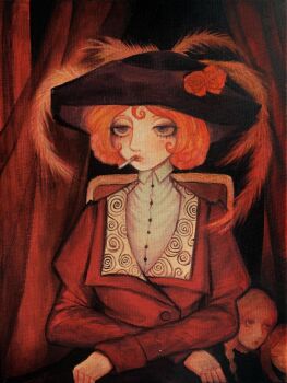 1girl absurdres acrylic_paint_(medium) bags_under_eyes black_skirt bob_cut bored chair cigarette collared_shirt commentary crimescenepartz crossed_arms curly_hair curtains doll doll_joints english_commentary flower grey_eyes hat hat_feather hat_flower highres joints juliet_sleeves long_sleeves mole mole_under_eye on_chair original painting_(medium) puffy_sleeves red_flower red_hair red_lips red_rose red_theme rose shirt short_hair sitting skirt smoking solo spiral_print traditional_media upper_body white_shirt