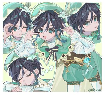 1boy androgynous artist_name beret black_hair blue_hair braid cape capelet cecilia_flower_(genshin_impact) collared_cape flower genshin_impact gradient_hair green_cape green_capelet green_eyes green_hat green_shorts hat hat_flower instrument lyre multicolored_hair open_mouth run_(run_level_18) short_hair_with_long_locks shorts side_braids smile twin_braids venti_(genshin_impact) white_flower