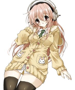 1girl 2000s_(style) alternate_costume black_thighhighs blush breasts cardigan collared_shirt cowboy_shot diagonal-striped_clothes diagonal-striped_necktie faux_retro_artstyle fur-trimmed_cardigan fur_trim green_necktie hair_between_eyes headphones highres large_breasts long_cardigan long_hair long_shirt long_sleeves looking_at_viewer necktie nitroplus open_mouth pink_eyes pink_hair shirt simple_background skindentation sleeves_past_wrists smile solo striped_clothes super_sonico takanashi_(takanya_shi) thighhighs white_background white_shirt yellow_cardigan zettai_ryouiki