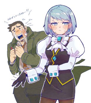 Rule 34 | 1boy, 1girl, :<, absurdres, ace attorney, ascot, bandaid, bandaid on cheek, bandaid on face, black gloves, black pants, black skirt, black thighhighs, black vest, brooch, brown hair, closed eyes, collared shirt, crying, dick gumshoe, earrings, franziska von karma, furrowed brow, gloves, green jacket, grey eyes, grey hair, highres, holding, holding pencil, jacket, jewelry, juliet sleeves, long sleeves, looking to the side, medium hair, mole, mole under eye, necktie, pants, pantyhose, pencil, puffy cheeks, puffy sleeves, red necktie, shirt, short hair, sideburns, skirt, slap mark, slap mark on face, sweat, thighhighs, translation request, v-shaped eyebrows, vest, white ascot, white background, white shirt, yowasabimechaoc