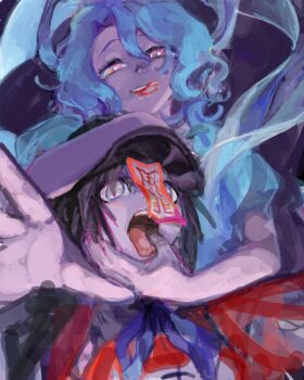 Rule 34 | bad drawr id, bad id, black hair, blue hair, character request, finger in another's mouth, jiangshi, oekaki, outstretched hand, red eyes, restrained, talisman, tongue, tongue out, touhou