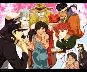 1girl 5boys ? aji_(after_satellites) aji_(coastal_area) black_hair blush cake cake_slice dark-skinned_male dark_skin dreaming drooling earrings english_text engrish_text flattop flower food fruit gakuran grabbing_another&#039;s_hair grey_hair hat heart holding_another&#039;s_hair holding_hands jean_pierre_polnareff jewelry jojo_no_kimyou_na_bouken joseph_joestar joseph_joestar_(old) kakyoin_noriaki kuujou_joutarou mohammed_avdol multiple_boys open_mouth ranguage red_hair runaway_girl_(jojo) school_uniform speech_bubble spoken_question_mark strawberry strawberry_shortcake thought_bubble