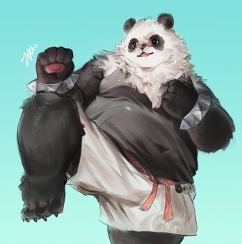 1boy belly black_fur black_tank_top bracelet chinese_commentary claws clenched_hands commentary_request fat furry furry_male highres jewelry looking_to_the_side male_focus open_mouth pan_yinhu pawpads plump round_eyewear shorts signature smile spiked_bracelet spikes standing standing_on_one_leg tank_top white_fur white_shorts zenless_zone_zero zhaowaaa