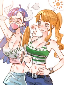 2girls adapted_costume alternate_costume arm_up bare_shoulders belt blue_hair blue_pants blue_skirt blush breasts cleavage collarbone commentary crop_top denim groin hair_ornament hairclip hand_fan hand_on_own_hip head_steam high_ponytail holding holding_fan horns hot jeans large_breasts long_hair mask midriff mouth_mask multiple_girls nami_(one_piece) nami_(one_piece)_(return_to_sabaody) navel one_piece open_mouth orange_hair pants pink_eyes ponytail puff_of_air raine_(acke2445) single_sidelock skirt striped_tank_top sun sweat symbol-only_commentary tank_top ulti_(one_piece) upper_body