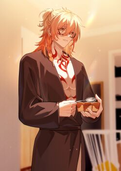 1boy abs absurdres bathrobe black_robe blonde_hair braid chest_tattoo chinese_commentary commentary_request facial_tattoo glasses gradient_hair highres holding holding_spoon honkai:_star_rail honkai_(series) jiangzizhuiyue male_focus medium_hair multicolored_hair mydei_(honkai:_star_rail) parted_lips red_hair red_tattoo robe side_braid solo spoon tattoo toned toned_male yellow_eyes