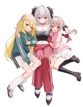 Rule 34 | 1boy, 2girls, :<, :d, absurdres, beanie, black choker, black shirt, black shoes, blonde hair, blunt bangs, blush, boots, breasts, brown boots, brown hair, brown hat, choker, cleavage, closed mouth, collarbone, commentary request, crop top, cropped shirt, full body, green eyes, green jacket, grey hair, hair between eyes, hat, highres, jacket, knee boots, kuzuha (nijisanji), large breasts, long hair, looking at viewer, makaino ririmu, midriff, moeko (moeko0903), multicolored hair, multiple girls, navel, nijisanji, open mouth, pants, pink hair, pink jacket, red eyes, red pants, sanya (kuzuha), shirt, shoes, shorts, simple background, sitting, sleeveless, sleeveless shirt, smile, sneakers, streaked hair, striped clothes, striped pants, track jacket, transparent background, twintails, two-tone hair, uzuki kou, vertical-striped clothes, vertical-striped pants, vertical-striped sleeves, virtual youtuber, white shoes, white shorts