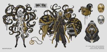 1boy absurdres artist_name black_hood book chain character_name crown eldritch_abomination english_text extra_eyes extra_mouth gold_mask grey_background high_collar highres hood indie_virtual_youtuber kintsugi mask merpperoni merpperoni_(vtuber) mistercreamy multiple_views featureless_crotch off_shoulder reference_sheet teeth tentacles virtual_youtuber white_hair yellow_eyes