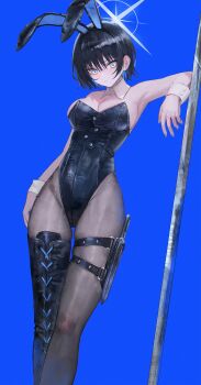 1girl absurdres alternate_costume alternate_hair_length alternate_hairstyle animal_ears armpits bare_shoulders black_boots black_hair black_leotard black_pantyhose blue_archive blue_background blue_hair boots breasts colored_inner_hair detached_collar fake_animal_ears flippy_(cripine111) halo highres large_breasts leotard multicolored_hair pantyhose playboy_bunny rabbit_ears saori_(blue_archive) short_hair simple_background single_boot standing thigh_boots white_wrist_cuffs wrist_cuffs