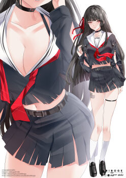 1girl abiboge absurdres arm_cutout black_choker black_hair black_serafuku black_shirt black_skirt breasts chisa_(wuthering_waves) choker cleavage clothing_cutout collarbone commentary hair_ribbon highres large_breasts long_hair long_sleeves looking_at_viewer midriff mole mole_under_eye multiple_views navel red_eyes red_ribbon ribbon sailor_collar school_uniform serafuku shirt skindentation skirt tacet_mark_(wuthering_waves) thigh_strap thighs white_sailor_collar wuthering_waves