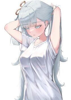 1girl absurdres arms_up blush breasts colored_eyelashes commentary_request hair_ornament highres hodissi jinhsi_(wuthering_waves) long_hair looking_down medium_breasts parted_lips shirt simple_background solo tying_hair upper_body white_background white_eyelashes white_eyes white_hair white_shirt wuthering_waves