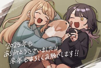 2girls blush closed_eyes commentary_request couple cuddling dog highres hyaluron_&amp;_daruma jewelry koharu_and_minato koharu_suzumura long_hair long_sleeves minato_matsuki multicolored_hair multiple_girls open_mouth ring shirt smile sweater translation_request two-tone_hair wedding_ring wife_and_wife wolf_cut yuri