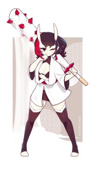 1girl ;) absurdres artist_name black_eyes black_hair black_thighhighs breasts club club_(weapon) commentary earrings fizintine full_body hair_between_horns highres horns japanese_clothes jewelry kanabou kaorin_(fizintine) kimono legs_apart long_hair looking_at_viewer medium_breasts multicolored_hair no_pupils no_shoes one_eye_closed original over_shoulder pointy_ears red_hair red_sash sash simple_background skin-covered_horns smile solo spiked_club standing tassel tassel_earrings thighhighs toeless_legwear toes two-tone_hair weapon weapon_over_shoulder white_kimono