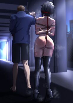 1boy 1girl arms_behind_back ass bdsm between_buttocks bitch_taken_for_walk black_hair bondage boots bound bound_arms bound_wrists box_tie butt_crack female_focus gag gagged high_heel_boots high_heels highres night nude original outdoors restrained rope shibari short_hair sweat zetsu_red