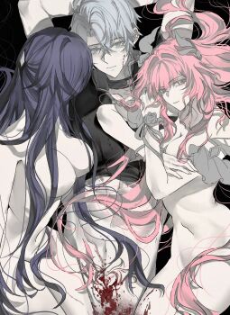 1boy 2girls abs acheron_(honkai:_star_rail) black_background blood blood_on_stomach blue_eyes breasts chinese_commentary choker crossed_bangs cyrene_(honkai:_star_rail) hair_between_eyes highres honkai:_star_rail honkai_(series) large_breasts long_hair looking_at_viewer melissa266q multiple_girls muscular muscular_male nude parted_bangs phainon_(honkai:_star_rail) pink_eyes pink_hair purple_hair short_hair stomach_tattoo tattoo white_hair