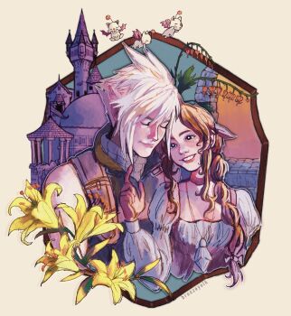 1boy 1girl aerith_gainsborough aerith_gainsborough_(garnet's_gown) artist_name bare_shoulders black_vest blonde_hair braid braided_ponytail bronzeyolk brown_gloves brown_hair castle choker closed_mouth commentary cosplay creature crystal english_commentary final_fantasy final_fantasy_vii final_fantasy_vii:_ever_crisis flower garnet_til_alexandros_xvii garnet_til_alexandros_xvii_(cosplay) gloves grey_choker hair_between_eyes hair_over_shoulder hair_ribbon highres jewelry juliet_sleeves lily_(flower) long_hair long_sleeves looking_at_another moogle official_alternate_costume parted_bangs parted_lips pendant puffy_sleeves ribbon sharp_teeth short_hair sidelocks single_braid sleeveless sleeveless_turtleneck smile sweater teeth turtleneck turtleneck_sweater upper_body vest white_sweater yellow_flower