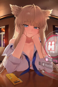 1girl absurdres animal_ears arknights arknights:_endfield bare_shoulders berserker_r bird_ears bird_girl blue_eyes blue_necktie breasts chinese_commentary cleavage commentary_request grey_hair hands_on_own_chin highres indoors large_breasts long_hair looking_at_viewer necktie perlica_(arknights) shirt smile solo table white_shirt window yellow_pupils