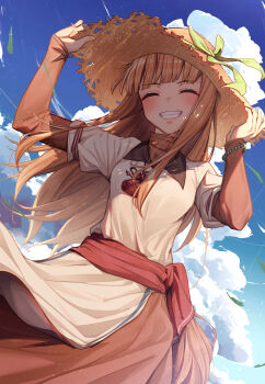 1girl :d ^_^ adapted_costume arms_up bead_bracelet beads blue_sky blunt_bangs blush bracelet breasts brown_hair brown_skirt closed_eyes cloud commentary_request cowboy_shot day dutch_angle eyelashes facing_viewer fangs floating_hair green_ribbon grin hand_on_headwear hands_up happy hat hat_ribbon highres holo jewelry long_hair long_sleeves making-of_available marutenmaruten neck_pouch open_mouth outdoors pouch red_ribbon red_sash ribbon sash shirt skirt sky small_breasts smile solo spice_and_wolf straight_hair straw_hat sun_hat textless_version very_long_hair white_shirt wind