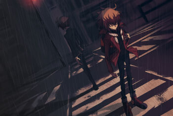2boys bag black_footwear black_jacket black_pants blue_pants brown_hair building clenched_hand closed_eyes crosswalk dappled_moonlight duel_academy_uniform_(yu-gi-oh!_gx) duffel_bag dutch_angle enri_(12kuro21) facing_away facing_to_the_side facing_viewer hand_on_own_hip highres highway holding holding_bag jacket male_focus moonlight multiple_boys open_clothes open_jacket outdoors pants pants_rolled_up popped_collar rain red_jacket school_uniform traffic_light walking_away wind yu-gi-oh! yu-gi-oh!_gx yuki_judai