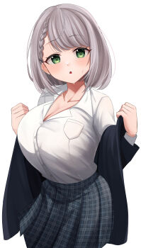 1girl absurdres black_jacket blue_skirt blush braid breasts cleavage collared_shirt commentary_request cowboy_shot green_eyes grey_hair hands_up highres hololive hot jacket jacket_partially_removed large_breasts long_sleeves looking_at_viewer official_alternate_costume open_mouth plaid_clothes plaid_skirt pleated_skirt ramkilog removing_jacket school_uniform shirogane_noel shirogane_noel_(school_uniform) shirt short_hair simple_background skirt solo sweat tented_shirt virtual_youtuber white_background white_shirt