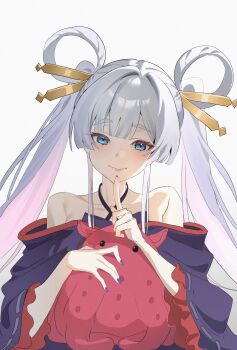 1girl bare_shoulders blue_eyes blue_nails chinese_commentary cho_kaguya-hime! closed_mouth collarbone commentary_request hair_ornament hair_rings hair_stick highres long_hair looking_at_viewer multicolored_hair nail_polish pink_hair runami_yachiyo smile solo stuffed_toy twintails white_hair xia_huahuaban