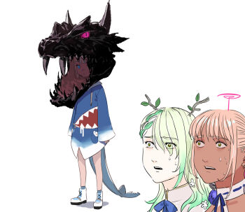 3girls antlers asymmetrical_hair blue_eyes blue_hair blue_hoodie blue_neckwear braid branch ceres_fauna closed_mouth cross-laced_footwear dark-skinned_female dark_skin dragon_mask ender_dragon expressionless fins fish_tail french_braid full_body furrowed_brow gawr_gura gawr_gura_(1st_costume) green_eyes green_hair hair_ornament headpiece hololive hololive_english hood hoodie horns light_green_hair medium_hair minecraft multicolored_hair multiple_girls neck_ribbon nervous_sweating open_mouth pako_(pakosun) parody pink_hair planet_hair_ornament portrait ribbon shark_tail shoes silver_hair simple_background standing streaked_hair style_parody sweat sweatdrop tail tsukumo_sana tsukumo_sana_(1st_costume) two-tone_hair virtual_youtuber white_background white_footwear