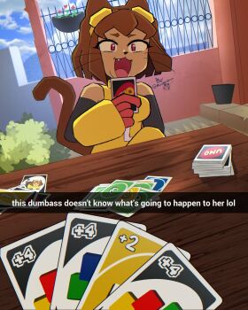 1girl :3 animal_ears bare_shoulders breasts brown_hair card cat_ears cat_girl cat_tail commentary dark-skinned_female dark_skin dress english_commentary english_text fang fang_out furry furry_female gameoverse gloves goggles goggles_on_head hair_between_eyes highres holding holding_card imminent_uno_loss_(meme) kit_bodega laughing looking_at_viewer meme meromerodraws open_mouth outdoors plant porch potted_plant red_eyes red_gloves short_hair sidelocks sky sleeveless sleeveless_dress snout tail tan twitter_username uno_(game) upper_body whiskers yellow_dress yellow_gauntlets
