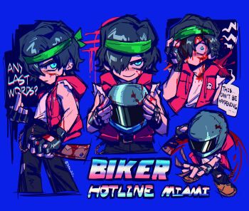 Rule 34 | 1boy, aqua eyes, arm up, biker (hotline miami), black gloves, black pants, blood, blood on face, bloody weapon, blue background, blue hair, brown shoes, character name, cleaver, closed mouth, clothing cutout, commentary, copyright name, cropped torso, drawstring, english commentary, english text, fingerless gloves, glove cutout, gloves, green headband, headband, helmet, highres, holding, holding cleaver, holding unworn helmet, holding weapon, hood, hood down, hooded jacket, hotline miami, injury, jacket, looking at viewer, looking to the side, male focus, middle finger, motorcycle helmet, multiple views, pants, parted hair, red jacket, sanpaku, shirt, shirt tucked in, shoes, short sleeves, sideways glance, sleeveless, sleeveless jacket, smile, speech bubble, tatsu (tatsumccree), unworn headwear, unworn helmet, weapon, white shirt, wide-eyed