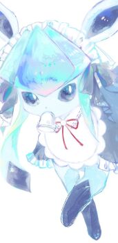 animal_focus animal_hands apron bad_tag black_bow black_dress blue_eyes blue_fur bow bright_pupils capelet_bow clothed_pokemon dress gen_4_pokemon glaceon glaceon_(tea_party) hair_bow helmet looking_at_viewer maid_headdress meariako nintendo no_humans pokemon pokemon_(creature) pokemon_focus pokemon_unite red_ribbon ribbon simple_background solo standing two-tone_fur white_apron white_background white_pupils