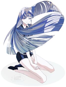 blue_eyes blue_hair blunt_bangs blunt_ends closed_mouth colored_skin commentary crystal_hair full_body gem_uniform_(houseki_no_kuni) highres houseki_no_kuni kneeling lapis_lazuli_(houseki_no_kuni) long_hair looking_at_viewer mt5_014 shoes shorts simple_background solo very_long_hair watermark white_background white_skin