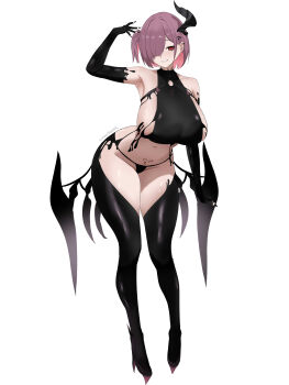 1girl above-cleavage_cutout absurdres arm_up armpits bare_shoulders belt bikini black_bikini black_boots black_gloves black_horns black_liquid boots breasts chest_belt clothing_cutout collarbone commentary earclip elbow_gloves english_commentary full_body gloves goddess_of_victory:_nikke groin hair_between_eyes hair_over_one_eye highres horns large_breasts latex_bikini liquid_clothes looking_at_viewer making-of_available navel o-ring o-ring_belt o-ring_strap one_side_up pink_hair pubic_tattoo red_eyes sideboob sidelocks simple_background single_horn skindentation smile solo standing staz64 stomach swimsuit tattoo thigh_boots twitter_username white_background ziz_(nikke)