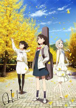 3girls absurdres aioi_aoi_(sora_no_aosa_o_shiru_hito_yo) ano_hi_mita_hana_no_namae_wo_bokutachi_wa_mada_shiranai. arm_behind_back arm_up arms_behind_back artist_request autumn autumn_leaves barefoot black_hair blue_sky bow bowtie brown_footwear brown_hair cloud crossover dress grin hands_in_pockets highres honma_meiko instrument_case kokoro_ga_sakebitagatterunda. leaf multiple_girls naruse_jun neckerchief official_art open_mouth pantyhose pleated_skirt pocket red_bow red_bowtie sailor_collar school_uniform second-party_source serafuku shirt shoes short_hair signature skirt sky smile socks sora_no_aosa_o_shiru_hito_yo tree undershirt undershirt_peek white_dress white_footwear white_serafuku white_shirt white_skirt
