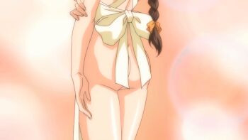 10s 1girl 2011 animated animated_gif anime_screenshot apron ass blush bouncing_breasts braid braided_ponytail breasts brown_hair cleavage closed_eyes hair_ribbon large_breasts long_hair mature_female mole mole_under_eye moroboshi_kyouko naked_apron nipples nude ribbon sideboob smile solo standing sweet_home tagme