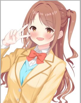 1girl aqua_sweater_vest blazer blush bow bowtie brown_hair chinese_commentary commentary_request idolmaster idolmaster_cinderella_girls jacket long_hair long_sleeves looking_at_viewer one_side_up orange_bow orange_bowtie school_uniform shimamura_uzuki shirt si_xiaqing simple_background smile solo sweater_vest upper_body v very_long_hair white_background white_shirt yellow_jacket