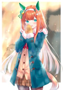 1girl absurdres animal_ears black_pantyhose blue_coat blue_eyes blunt_bangs blush bow brown_cardigan brown_mittens cardigan coat commentary ear_covers green_eyes hair_ornament hairband highres hime_cut horse_ears horse_girl horse_tail long_hair long_sleeves looking_at_viewer mittens open_clothes open_coat open_mouth orange_hair orange_tail pantyhose pleated_skirt red_bow sasaminiku_(chickenbstrips) silence_suzuka_(umamusume) skirt smile solo symbol-only_commentary tail umamusume white_hairband