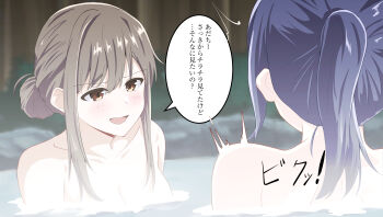 2girls absurdres adachi_sakura adachi_to_shimamura blue_hair blush breasts brown_eyes brown_hair cleavage commentary_request hair_bun highres medium_hair melonpan134 multiple_girls onsen open_mouth same-sex_bathing shared_bathing shimamura_hougetsu short_hair_with_long_locks sidelocks single_hair_bun translation_request yuri