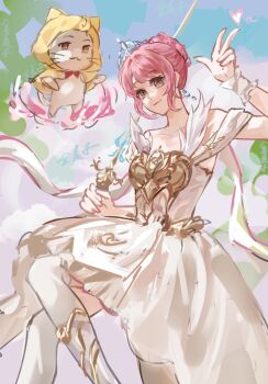 1girl :3 ahoge armor armored_boots bare_shoulders blue_sky boots bow bowtie breastplate brown_eyes chinese_commentary cloak closed_mouth clothing_cutout cloud coattails commentary_request dandan02067 day dress ear_covers earrings eyelashes feather-trimmed_sleeves feet_out_of_frame floating frilled_wrist_cuffs frills hair_bun hair_intakes hand_on_own_hip happy heart highres holding holding_sword holding_weapon hood hood_up hooded_cloak infinity_nikki jewelry knee_boots light_blush looking_at_viewer medium_dress melody_bloom_(infinity_nikki) momo_(nikki) nikki_(nikki) nikki_(series) outdoors over_shoulder pink_hair pleated_dress pointy_nose rapier red_bow red_bowtie ribbon short_hair short_sleeves shoulder_cutout sidelocks single_hair_bun single_wrist_cuff sky smile sword textless_version thighhighs tiara traditional_bowtie updo v weapon weapon_over_shoulder whiskers white_boots white_dress white_ribbon white_thighhighs white_wrist_cuffs wrist_cuffs yellow_cloak