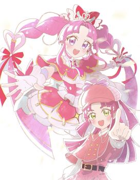 Rule 34 | 1girl, belt, black belt, bow, bowtie, braid, brooch, capelet, commentary, cure mystique, dress, earrings, fingerless gloves, frilled dress, frills, gloves, green eyes, hair bow, hair ornament, hair ribbon, hat, heart, heart brooch, heart hair ornament, highres, jewelry, kobayashi mikuru, long hair, long sleeves, looking at viewer, magical girl, meitantei precure!, multiple views, newsboy cap, open mouth, outstretched arms, parted bangs, pink hair, pointing, pointing at viewer, precure, purple eyes, purple hair, red bow, red bowtie, red capelet, red dress, red hat, ribbon, short dress, sleeveless, sleeveless dress, smile, solo, sparkle, spread arms, standing, straight hair, twin braids, two side up, very long hair, white background, white gloves, wonderful tanaka