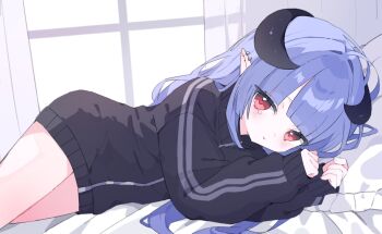 Rule 34 | 1girl, aono yoru, bare legs, black horns, black jacket, blunt bangs, clenched hands, closed mouth, commentary, commission, cowboy shot, curtains, day, ear piercing, hands up, head on pillow, highres, horns, indie virtual youtuber, indoors, jacket, long hair, lying, on bed, on side, petite, piercing, pillow, pointy ears, pout, purple hair, red eyes, second-party source, skeb commission, sleeves past wrists, solo, sulking, sunlight, tearing up, track jacket, window, x xww, zipper