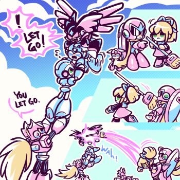 1girl 5boys android armor bass_(mega_man) black_armor black_wings blue_armor blue_eyes blue_helmet border broom chibi cloud forehead_jewel green_eyes group_picture helmet highres holding holding_broom in-franchise_crossover laser-lance male_focus mechanical_wings mega_man_(character) mega_man_(classic) mega_man_(series) mega_man_x_(series) midair multiple_boys red_armor red_eyes red_helmet roll_(mega_man) rush_(mega_man) scarf super_bass_(mega_man) white_border wings x_(mega_man) yellow_scarf zero_(mega_man)