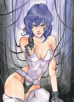 Rule 34 | 1girl, aiming, aiming at viewer, artist name, belt, black background, black gloves, breasts, cable, cable insertion, collarbone, cyborg, fingerless gloves, ghost in the shell, gloves, gradient background, gun, hashtag-only commentary, highleg, highleg leotard, holding, holding gun, holding weapon, kusanagi motoko, leotard, lips, medium breasts, medium hair, multicolored leotard, on one knee, peach momoko, purple background, purple belt, purple eyes, purple hair, purple leotard, purple thighhighs, signature, thighhighs, traditional media, two-tone leotard, weapon, white background