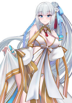 1girl absurdres bikini blue_eyes blush breasts closed_mouth commentary_request fate/grand_order fate_(series) grey_hair highres long_hair looking_at_viewer medium_breasts mikon_(nicknqme) morgan_le_fay_(fate) morgan_le_fay_(water_princess)_(fate) official_alternate_costume ponytail simple_background smile solo swimsuit very_long_hair white_background white_bikini