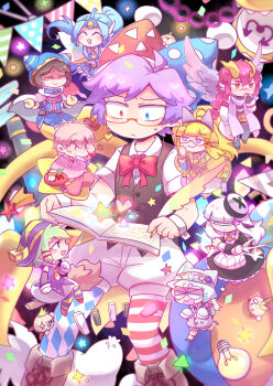 &gt;_&lt; 4boys 5girls :3 ^_^ ahoge angel_wings animal_ear_hairband animal_ear_hood animal_ears argyle_clothes argyle_pantyhose ascot asymmetrical_legwear backpack bag bare_shoulders beanie beco_(100me) belt belt_buckle belt_collar bespectacled black_background black_bag black_dress black_footwear black_gloves black_hairband black_vest blonde_hair blue_belt blue_dress blue_eyes blue_hair blue_hat blue_hood blue_jacket blue_pants blue_pantyhose blunt_bangs book boots bow bowtie bracelet braid brooch broom broom_riding brown_footwear brown_ribbon buckle buttons cape cat_ear_hairband cat_ears circle_skirt clenched_hand closed_eyes closed_mouth coat collar collared_coat collared_dress collared_shirt commentary_request confetti crossed_arms cube_hat_ornament denim detached_hood detached_sleeves double-breasted double-parted_bangs dress ear_covers earrings fake_animal_ears feathered_wings feet_out_of_frame fingerless_gloves fleeing food footwear_ribbon forehead_protector frilled_dress frills frown furrowed_brow galacta_knight garland_(decoration) gear_print glasses gloves gold_bracelet green_eyes green_hair grey_coat grey_hat grey_shorts grey_sleeves gryll_(kirby) hair_ornament hair_ribbon hairband hairclip half-closed_eyes hand_on_own_head hand_to_own_mouth hat heart heart_earrings heterochromia high_side_ponytail highres holding holding_book holding_food holding_quill hood hood_down hoodie horns jacket japanese_clothes jeans jester_cap jewelry juliet_sleeves kimono kirby kirby_(series) knee_boots kneehighs kneeling lapels light_bulb long_dress long_hair long_skirt long_sleeves lor_starcutter low-tied_long_hair magolor marx_(kirby) marx_(true_form)_(kirby) mini_person miniboy minigirl miniskirt mismatched_legwear multiple_boys multiple_girls necktie nintendo notched_lapels object_through_head one-eyed onion open_book open_clothes open_coat open_mouth pants pantyhose pepper_(kirby) personification piano_keys pink_hair pink_hoodie pocket_watch polka_dot_headwear pom_pom_hat_ornament puffy_shorts puffy_sleeves purple_dress purple_eyes purple_hair purple_hat purple_pantyhose quill red-framed_eyewear red_bow red_bowtie red_eyes red_footwear red_hat red_necktie red_pants red_pantyhose red_ribbon ribbon ribbon-trimmed_dress ribbon_trim round_eyewear salt_(kirby) scar scar_on_face scarf screw_in_head shaded_face shirt shoes shooting_star_(symbol) short_dress short_hair short_kimono short_sleeves shorts single_braid single_earring skirt skirt_under_dress sleeveless sleeveless_dress sleeves_past_fingers sleeves_past_wrists smile sneakers socks sparkle star_(symbol) star_brooch star_dream star_hair_ornament striped_clothes striped_headwear striped_pantyhose sugar_(kirby) sweat tearing_up thick_eyebrows tomato tress_ribbon triangle triangle_print triangular_eyewear two-tone_headwear two-tone_pantyhose very_long_hair vest visor_cap watch wavy_mouth white_cape white_coat white_gloves white_pantyhose white_scarf white_shirt white_shorts white_skirt white_socks white_wings white_wrist_cuffs wide_sleeves wings witch_hat wrist_cuffs writing yawning yellow_ascot yellow_belt yellow_eyes yellow_hat yellow_horns yellow_kimono yellow_pantyhose