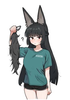 1girl ? alternate_costume anal_beads anal_tail animal_ears black_hair black_shorts breasts butt_plug closed_mouth cocktiel77 fake_tail fox_ears fox_girl fox_tail green_shirt hoshimi_miyabi large_breasts looking_at_viewer red_eyes shirt shorts solo tail white_background zenless_zone_zero