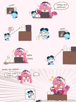 +++ 1girl =_= animal_ears beret chattino_(raora_panthera) commentary computer cup desk english_commentary english_text fang goggles goggles_on_head hat highres hololive hololive_english laptop microwave milk mug open_mouth panther_ears panther_girl panther_tail raora_panthera raora_panthera_(1st_costume) sappysque smile tail virtual_youtuber