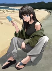 Rule 34 | 1girl, absurdres, bare shoulders, black footwear, black hair, black tank top, blue eyes, blue sky, breasts, commentary, day, flip-flops, food, full body, green jacket, grey pants, head tilt, highres, holding, holding food, jacket, long hair, looking at viewer, medium breasts, mmmo3, off shoulder, open clothes, open jacket, original, outdoors, pants, parted lips, pink nails, popsicle, sand, sandals, shoe soles, sitting, sky, solo, symbol-only commentary, tank top, toenails, water